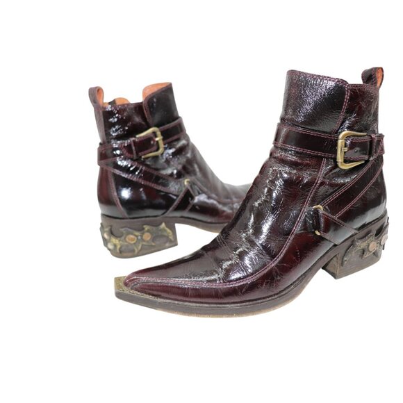DONALD J. PLINER Italian Boots Western Black Cherry Patent Leather Ankle Boots 6 - Picture 3 of 11